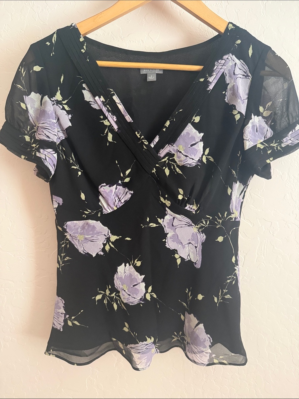 Black Floral V-Neck Top with Lavender Blooms
